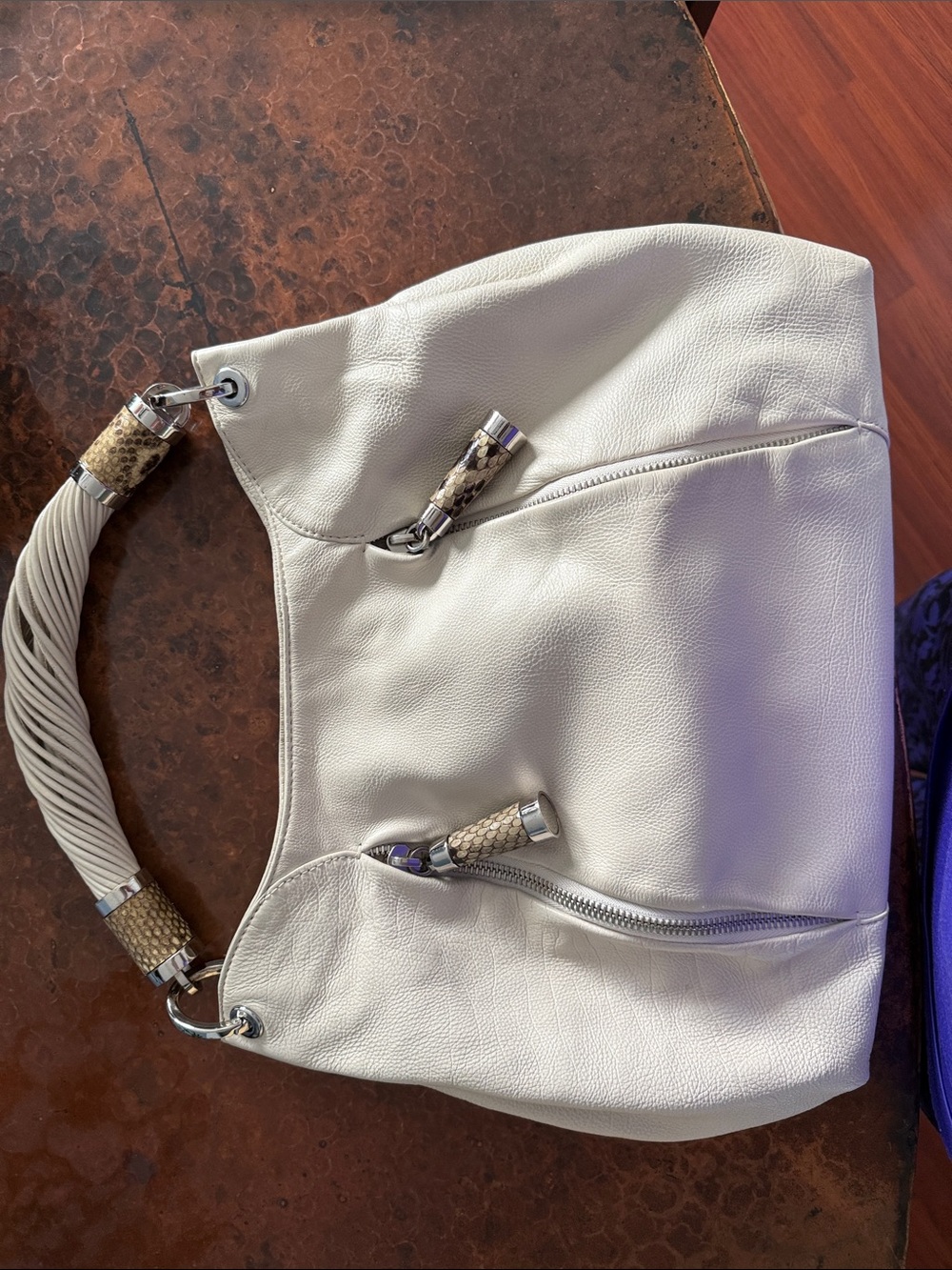 Python Trimmed Cream Leather Hobo Bag with Braided Handle